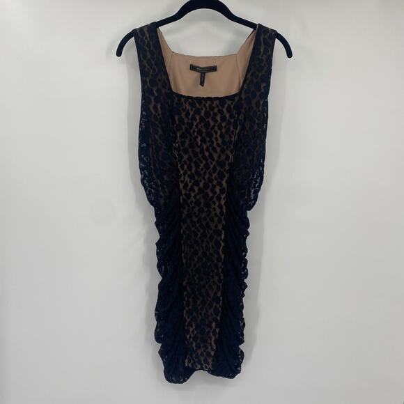 BCBGMAXAZRIA Renee Mini Dress Bodycon Ruched Leopard Print Mesh Lace Black M - Picture 3 of 9